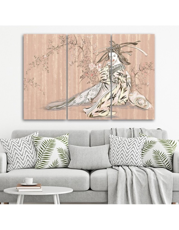 Style painting - Traditional Japanese geisha on pink background | FEEBY