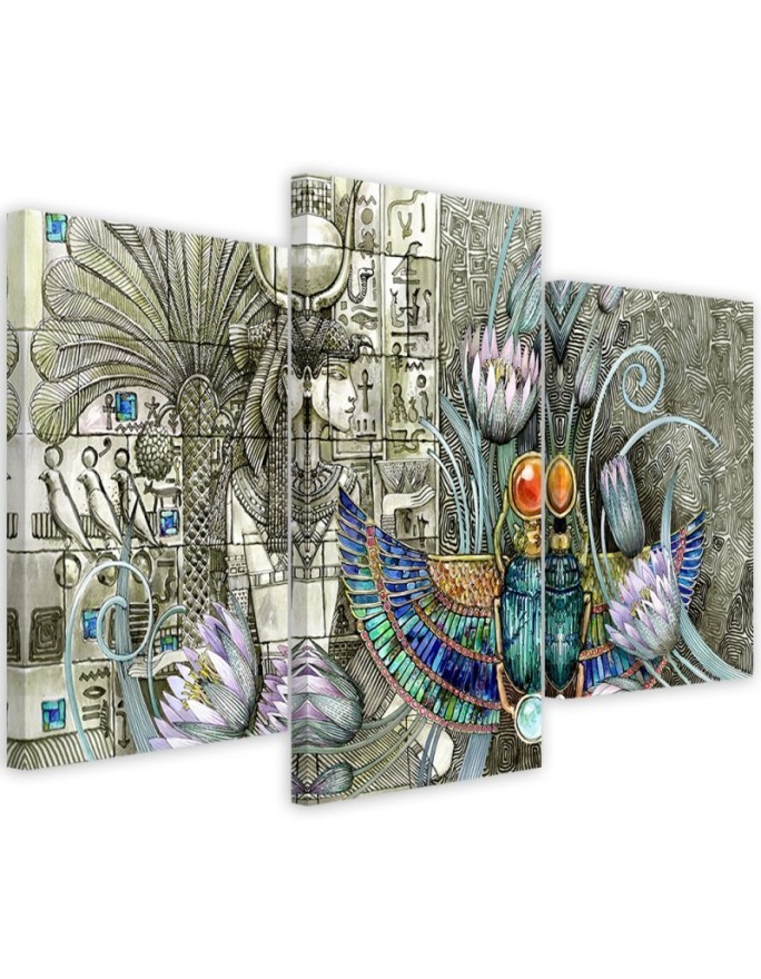 3 part canvas painting - Egyptian hieroglyphs and scarab | FEEBY