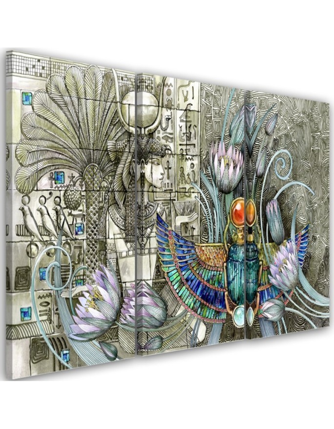 Triptych canvas painting - Egyptian hieroglyphs and scarab | FEEBY