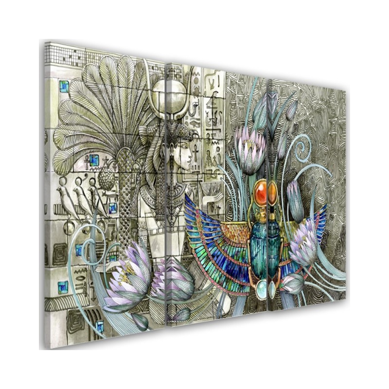 Triptych canvas painting - Egyptian hieroglyphs and scarab | FEEBY