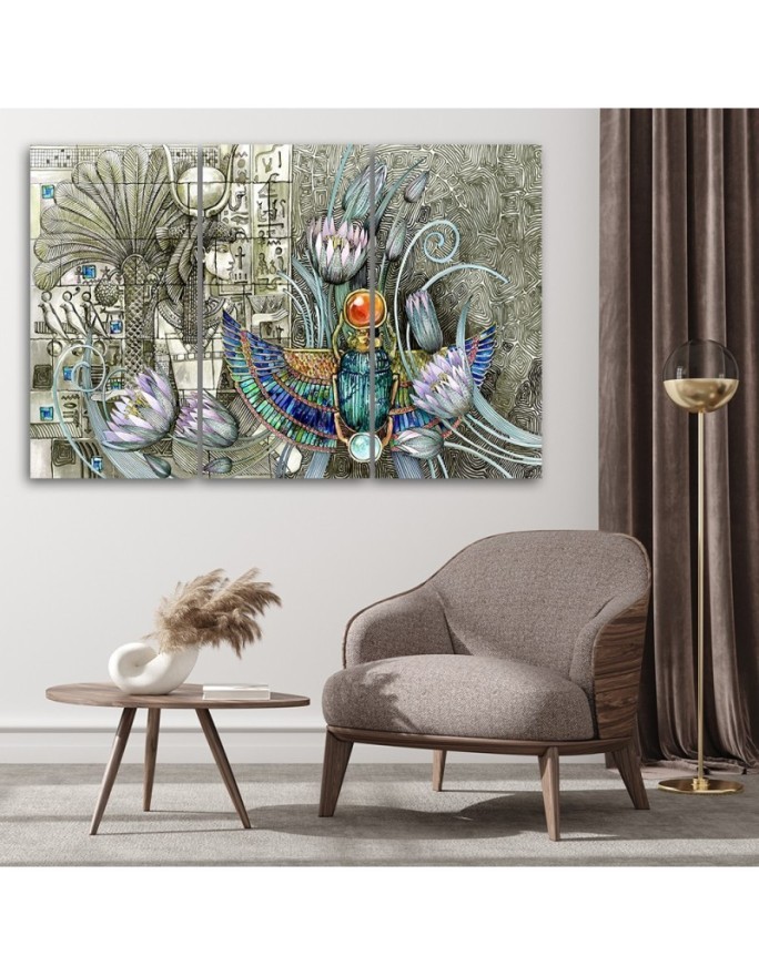 Triptych canvas painting - Egyptian hieroglyphs and scarab | FEEBY
