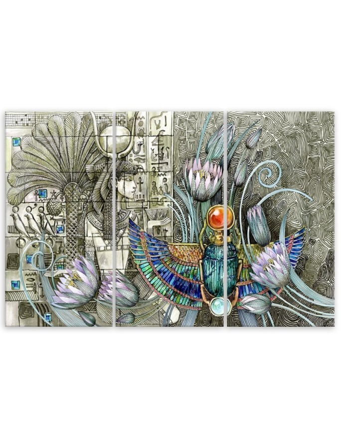 Triptych canvas painting - Egyptian hieroglyphs and scarab | FEEBY
