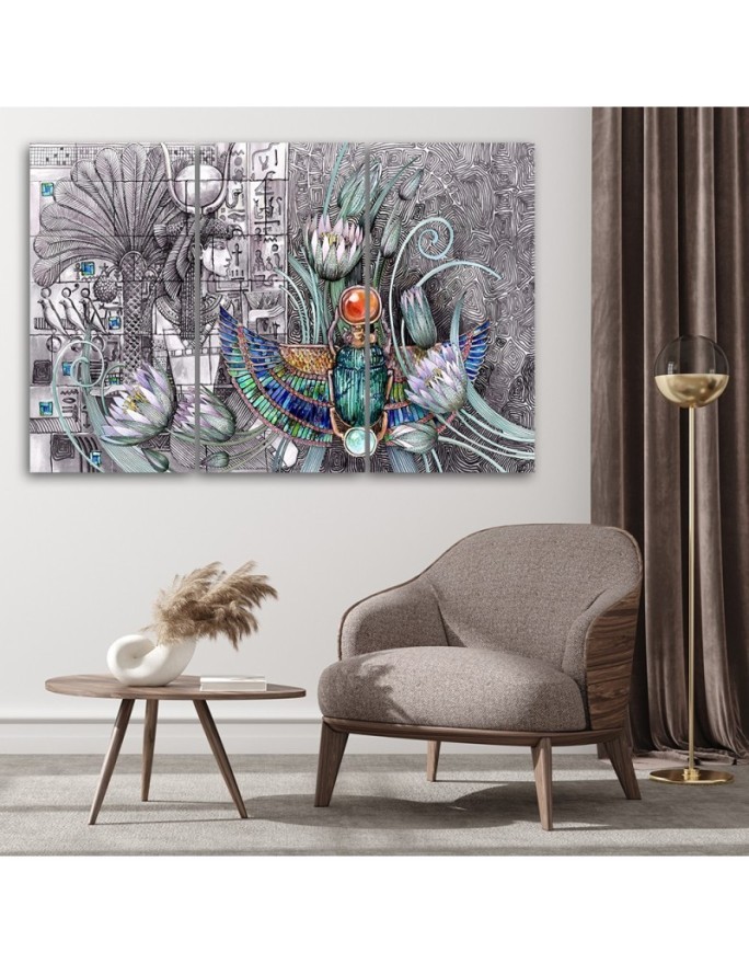 Modern painting for living room triptych - Egyptian pharaoh scarab | FEEBY