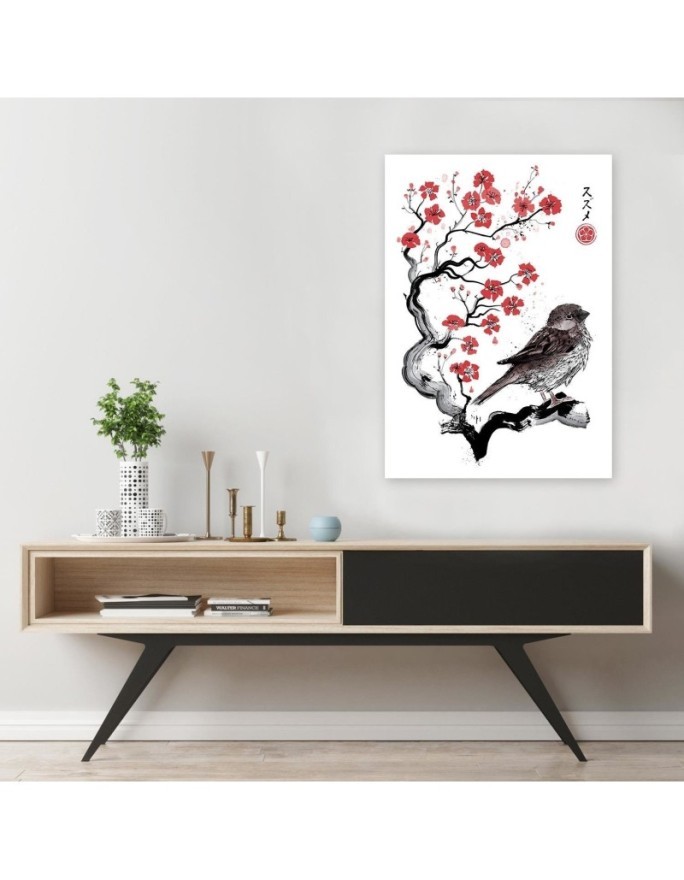 Canvas prints for girls - Bird on a branch Sumi-e Dr.Monekers | FEEBY