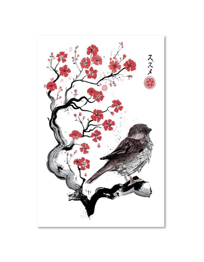 Canvas prints for girls - Bird on a branch Sumi-e Dr.Monekers | FEEBY