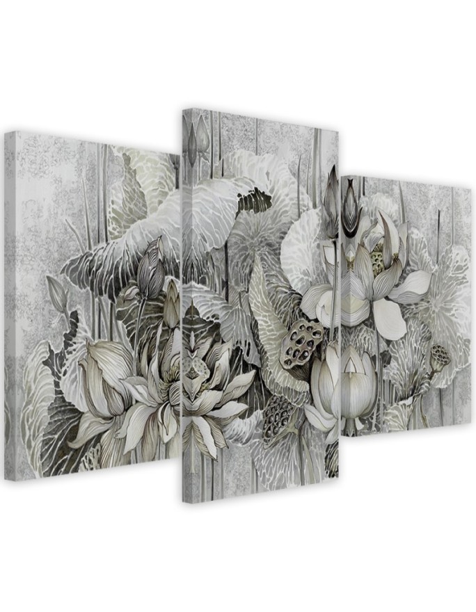Triptych painting for living room - Lotus flowers | FEEBY
