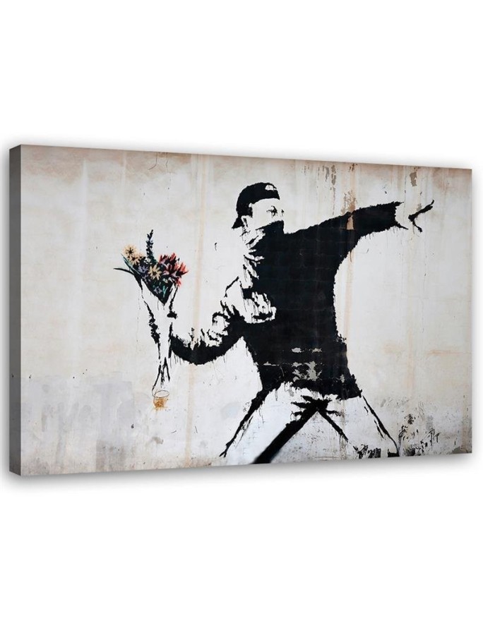 Black and white wall art - Banksy Hooligan throwing a bouquet of flowers | FEEBY