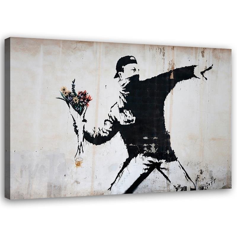 Black and white wall art - Banksy Hooligan throwing a bouquet of flowers | FEEBY
