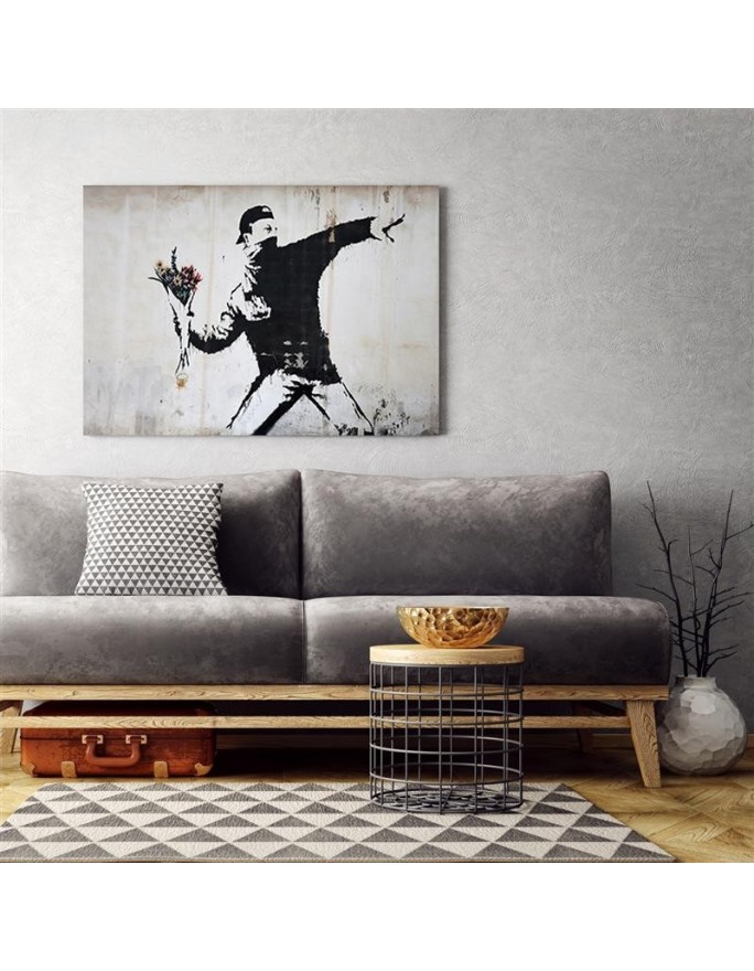 Black and white wall art - Banksy Hooligan throwing a bouquet of flowers | FEEBY