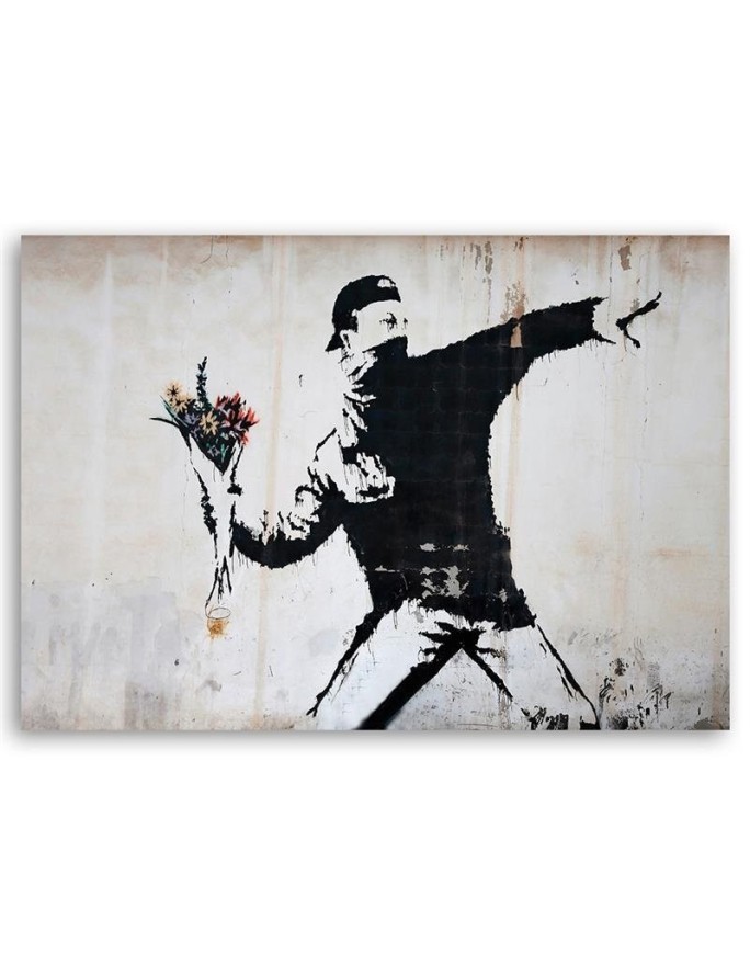 Black and white wall art - Banksy Hooligan throwing a bouquet of flowers | FEEBY