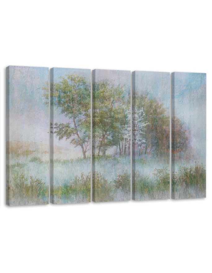 Canvas print 5 pieces for the room - Trees on a misty meadow | FEEBY