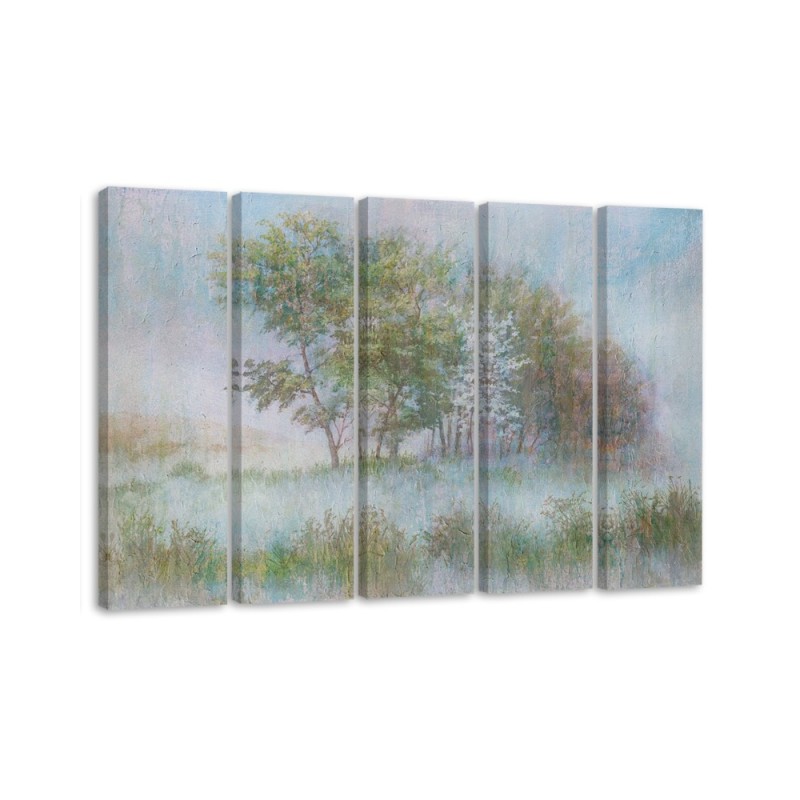 Canvas print 5 pieces for the room - Trees on a misty meadow | FEEBY