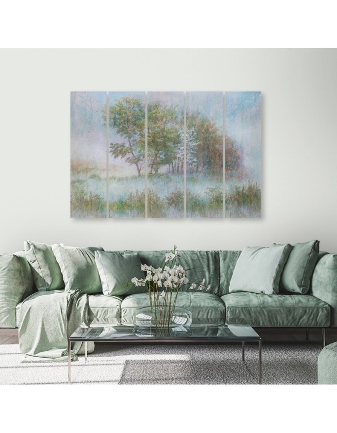 Canvas print 5 pieces for the room - Trees on a misty meadow | FEEBY