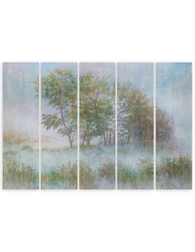 Canvas print 5 pieces for the room - Trees on a misty meadow | FEEBY