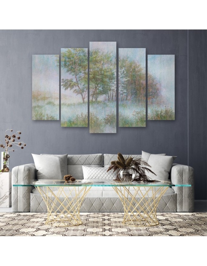 Modern painting for the wall - Trees on a misty meadow | FEEBY