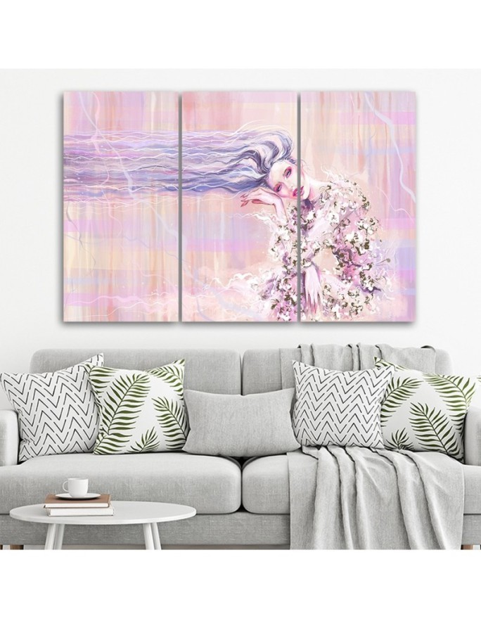Triptych painting for living room, bedroom - Woman with long hair | FEEBY