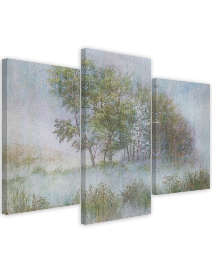 Triptych wall art painting - Trees on a misty meadow | FEEBY
