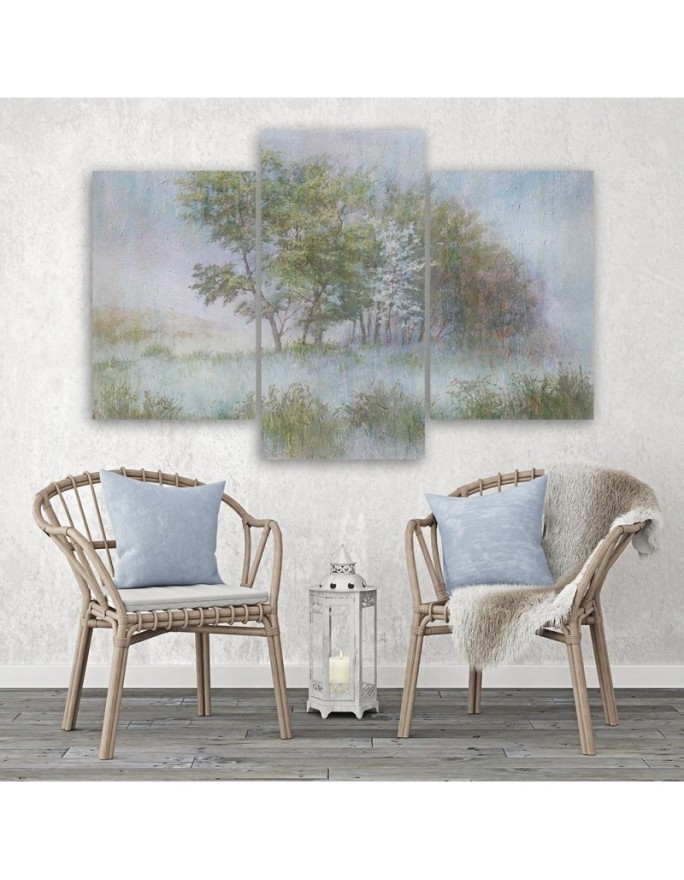 Triptych wall art painting - Trees on a misty meadow | FEEBY
