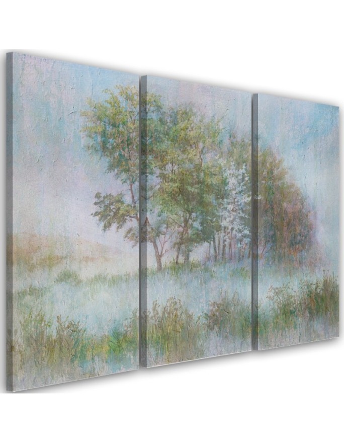 Modern 3-panel Canvas painting - Trees on a misty meadow | FEEBY