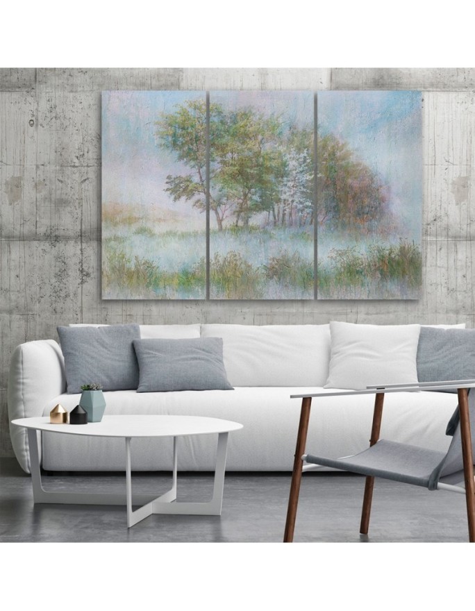 Modern 3-panel Canvas painting - Trees on a misty meadow | FEEBY
