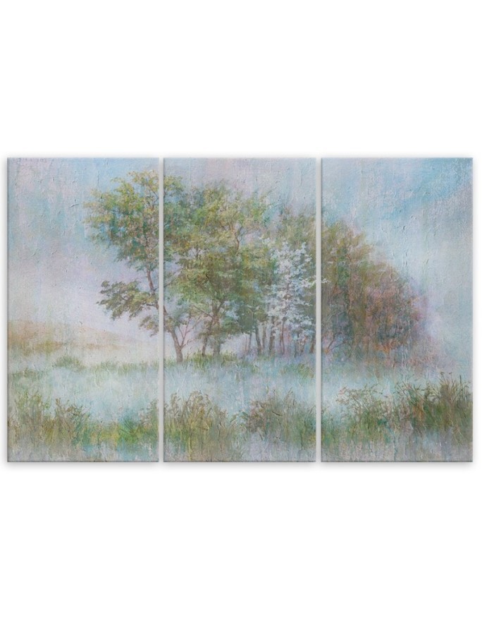 Modern 3-panel Canvas painting - Trees on a misty meadow | FEEBY