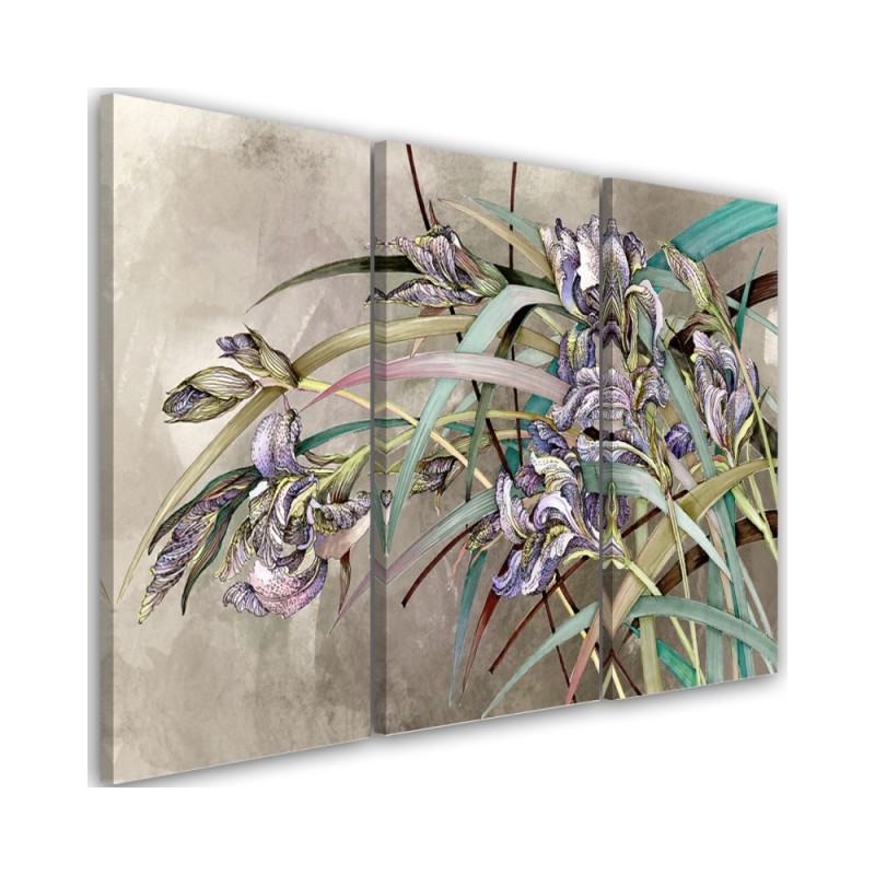 Triptych modern painting - Irises flowers in the wind | FEEBY