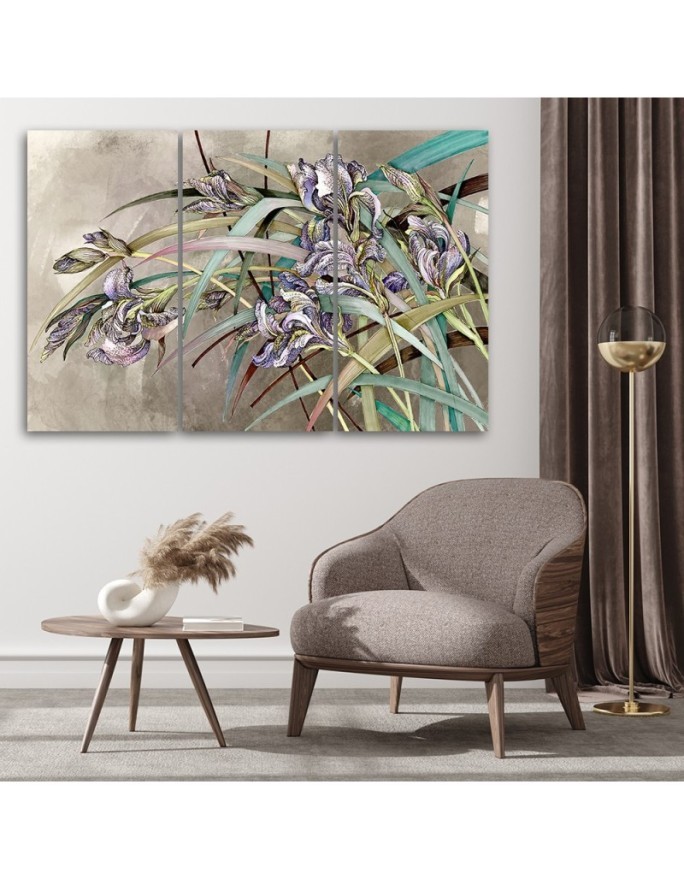 Triptych modern painting - Irises flowers in the wind | FEEBY