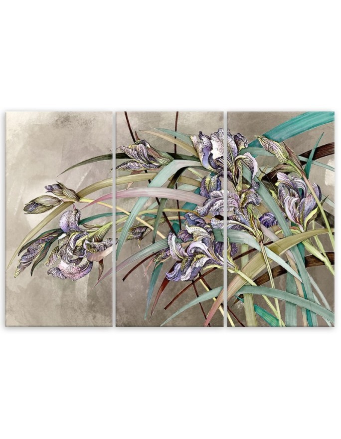 Triptych modern painting - Irises flowers in the wind | FEEBY