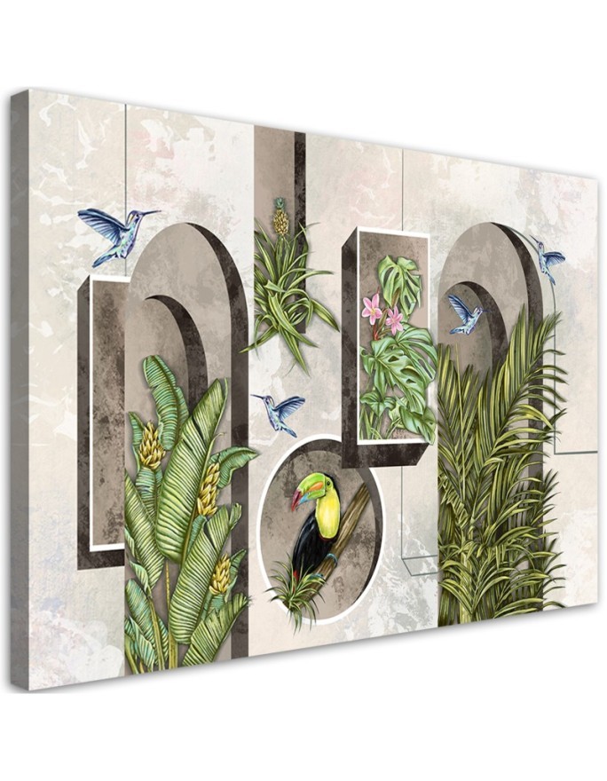 Modern Canvas painting - Shapes in the wall with plants and birds toucan hummingbird | FEEBY