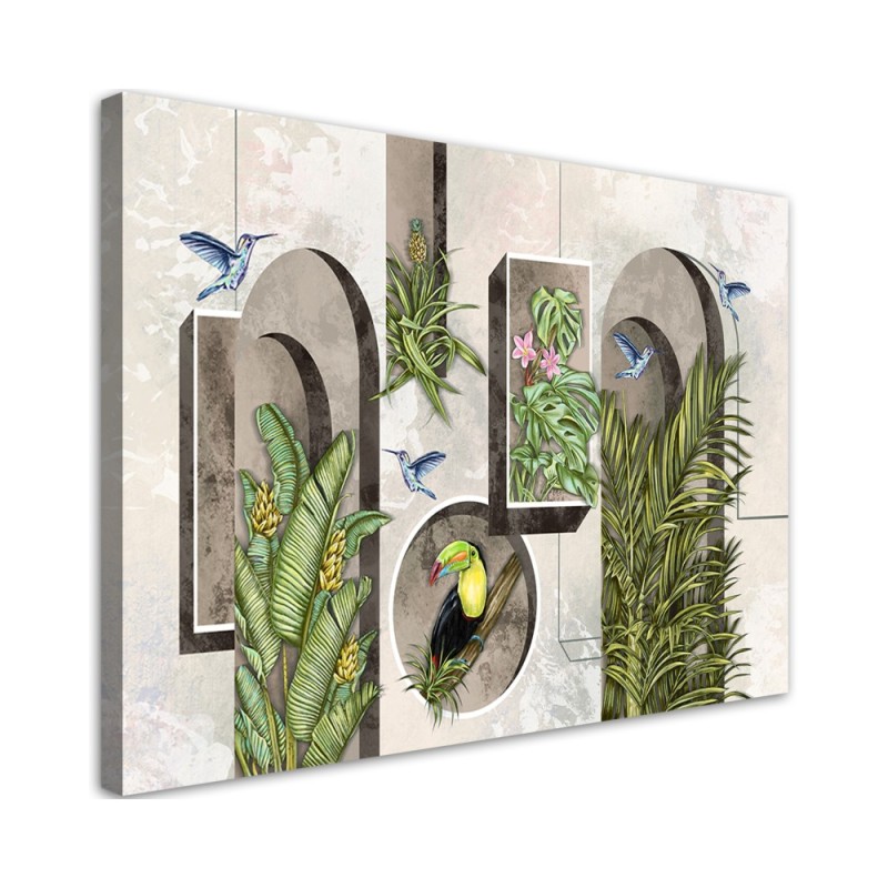 Modern Canvas painting - Shapes in the wall with plants and birds toucan hummingbird | FEEBY