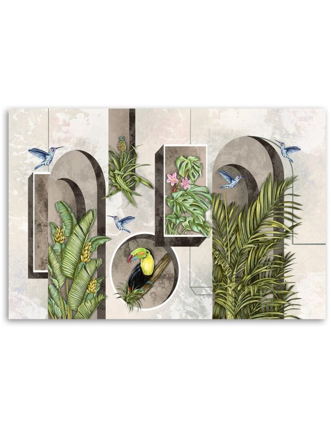 Modern Canvas painting - Shapes in the wall with plants and birds toucan hummingbird | FEEBY