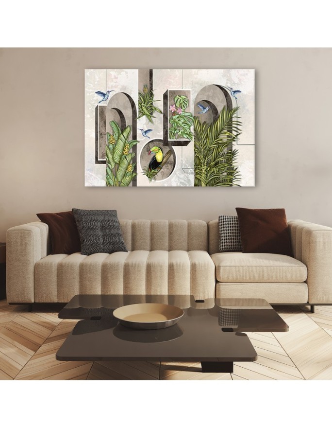Modern Canvas painting - Shapes in the wall with plants and birds toucan hummingbird | FEEBY