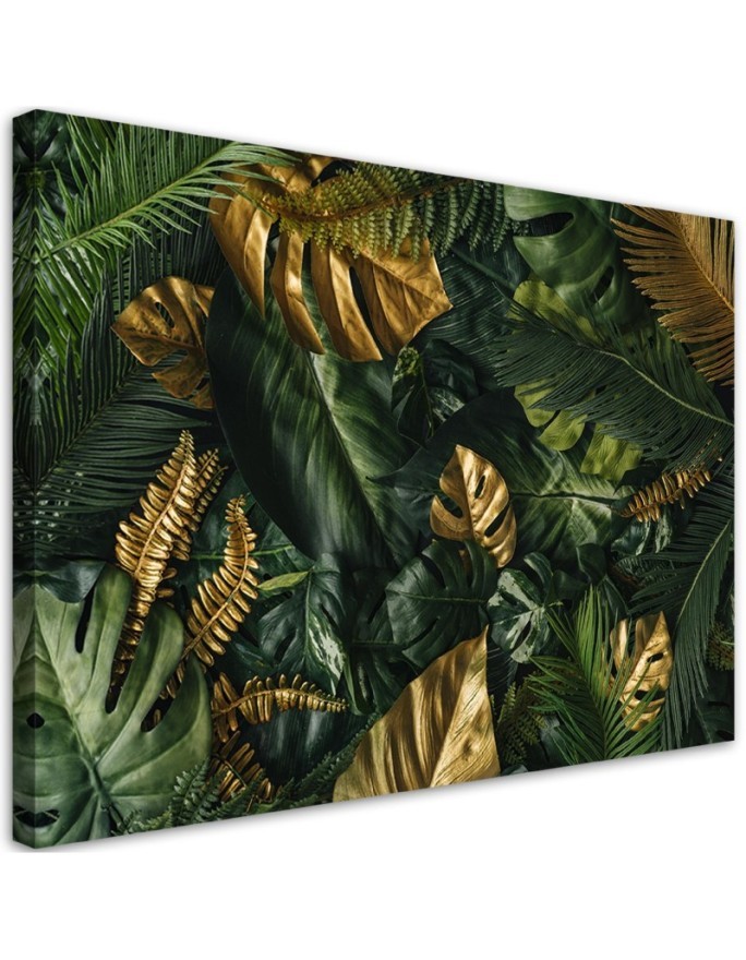 Picture prints on Canvas for the office - Monstera golden tropical leaves | FEEBY