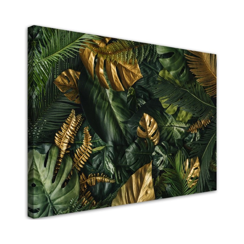 Picture prints on Canvas for the office - Monstera golden tropical leaves | FEEBY
