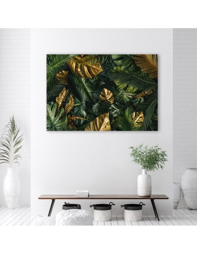 Picture prints on Canvas for the office - Monstera golden tropical leaves | FEEBY