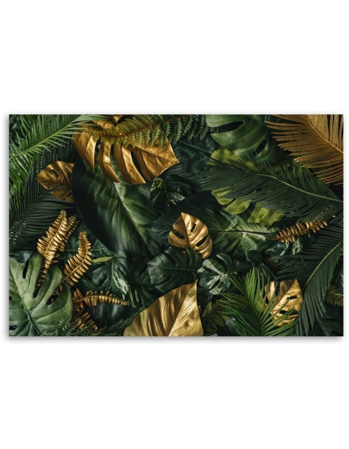 Picture prints on Canvas for the office - Monstera golden tropical leaves | FEEBY