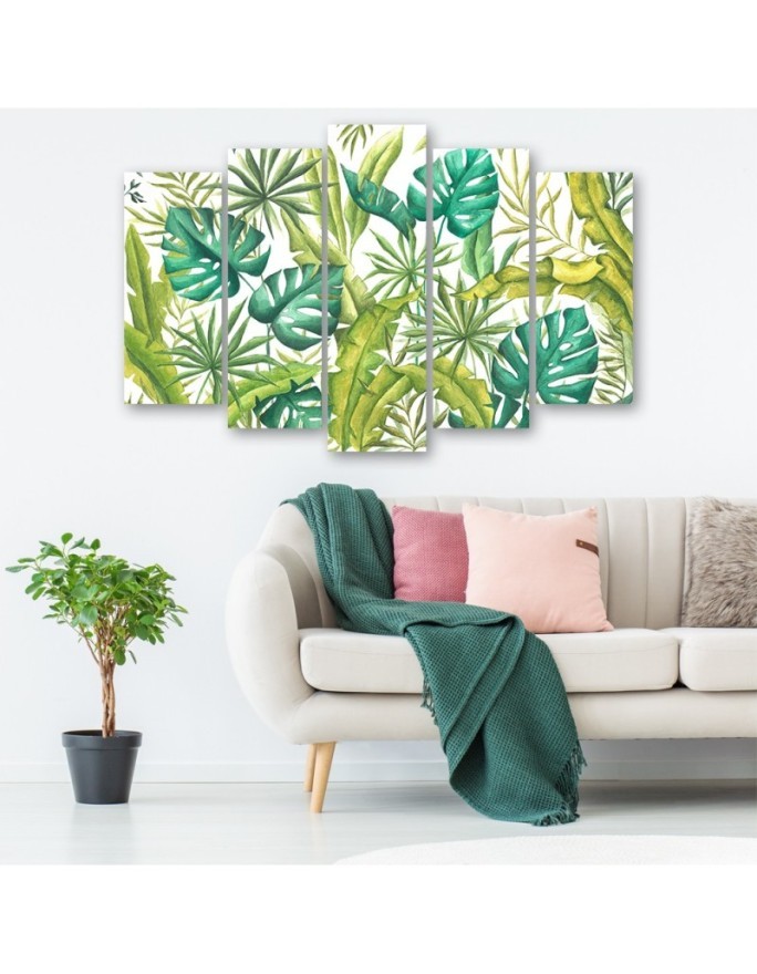 Modern five-part painting - Monstera leaves | FEEBY