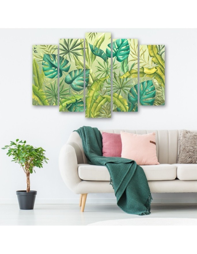 Five-part painting for bedroom - Monstera leaves | FEEBY