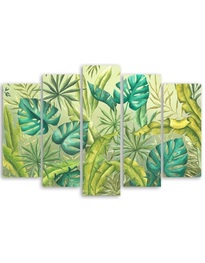 Five-part painting for bedroom - Monstera leaves | FEEBY