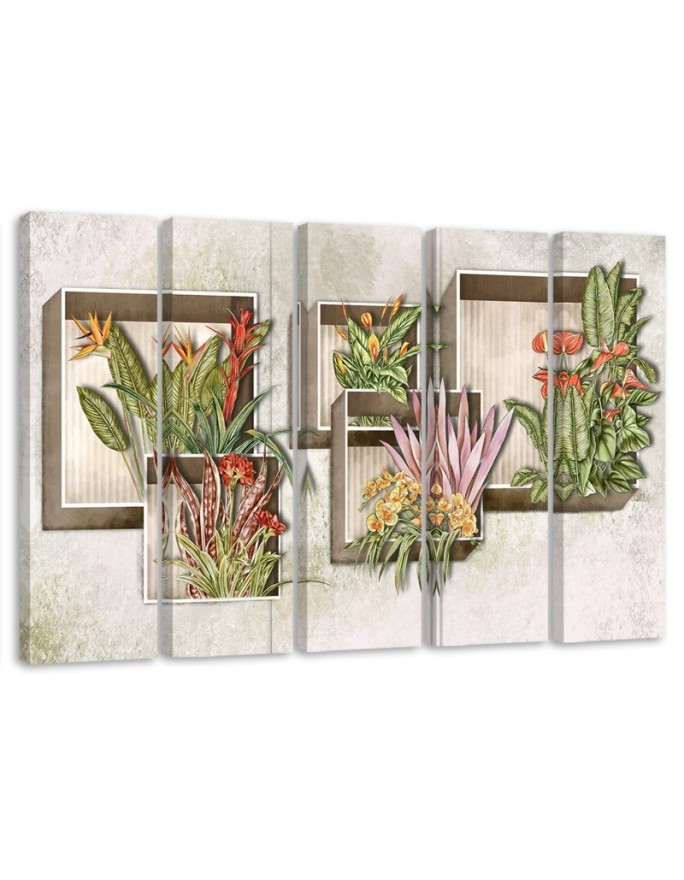 Five-part canvas painting - Square boxes shelves with flowers | FEEBY