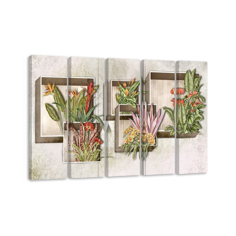 Five-part canvas painting - Square boxes shelves with flowers | FEEBY