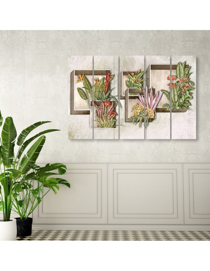 Five-part canvas painting - Square boxes shelves with flowers | FEEBY