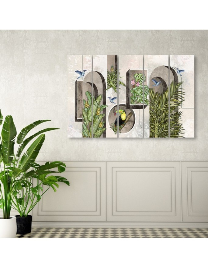 Wall art painting - Shapes in a wall with plants and birds toucan hummingbird | FEEBY