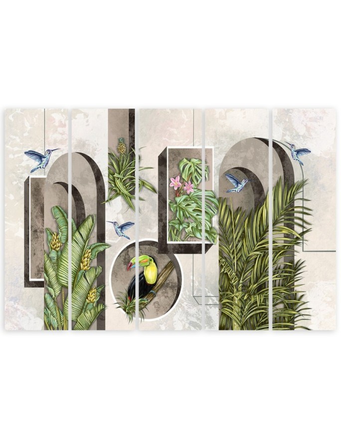 Wall art painting - Shapes in a wall with plants and birds toucan hummingbird | FEEBY