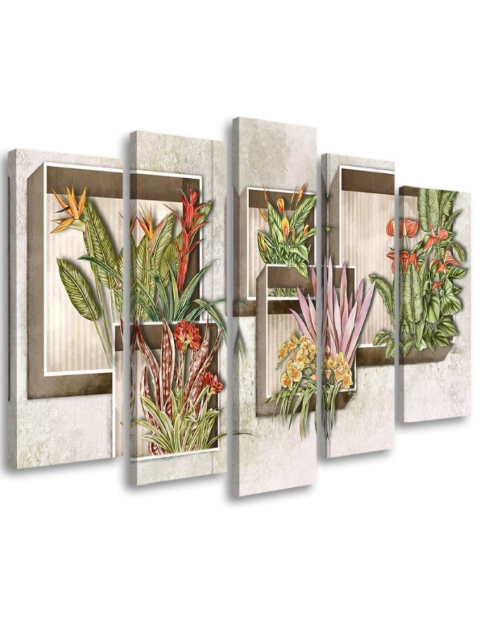 Canvas print 5 parts for living room - Square boxes shelves with flowers | FEEBY