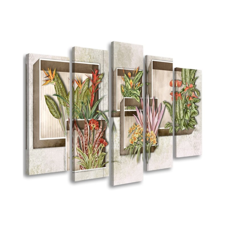 Canvas print 5 parts for living room - Square boxes shelves with flowers | FEEBY