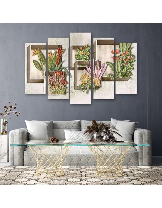 Canvas print 5 parts for living room - Square boxes shelves with flowers | FEEBY