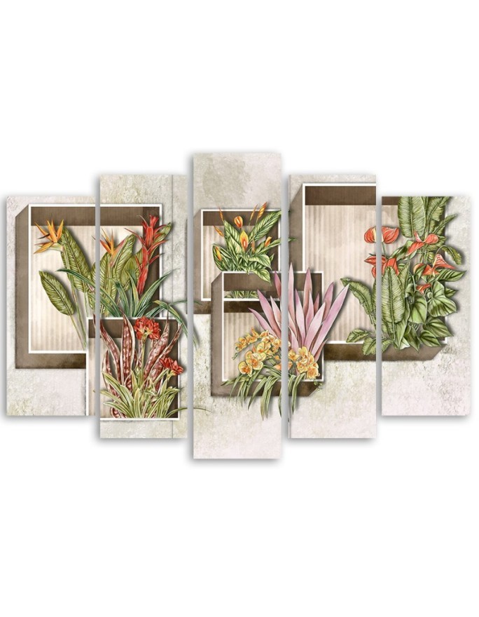 Canvas print 5 parts for living room - Square boxes shelves with flowers | FEEBY