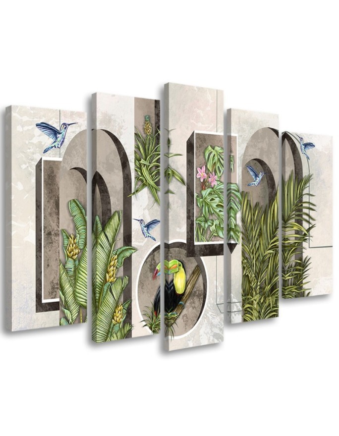 Canvas print for living room - Shapes in wall with plants and birds toucan hummingbird | FEEBY