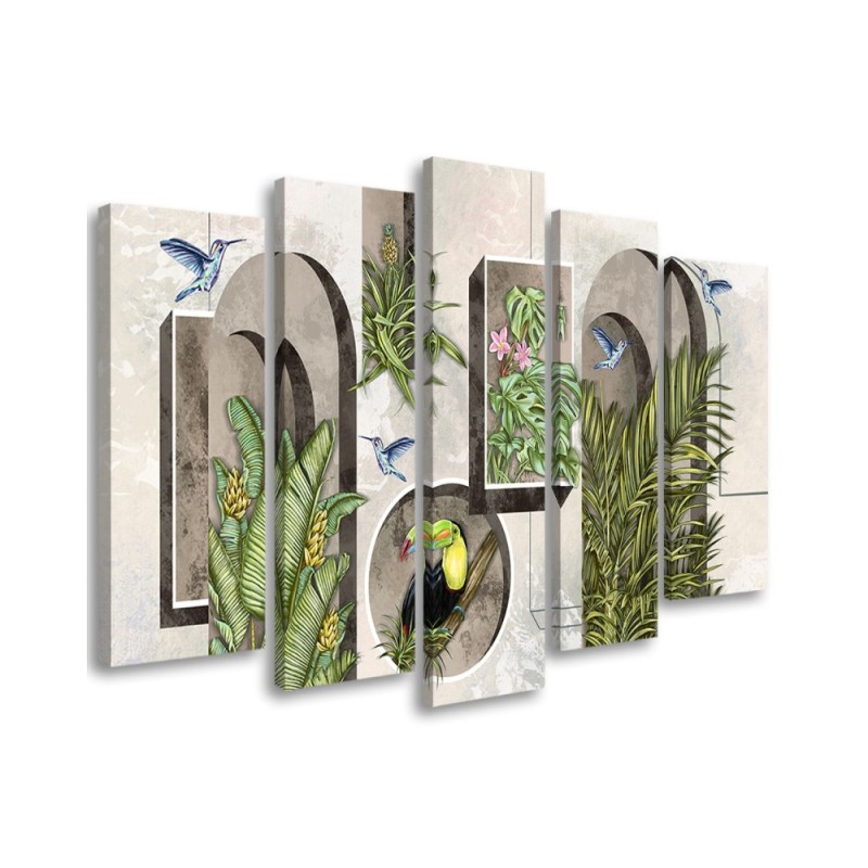 Canvas print for living room - Shapes in wall with plants and birds toucan hummingbird | FEEBY